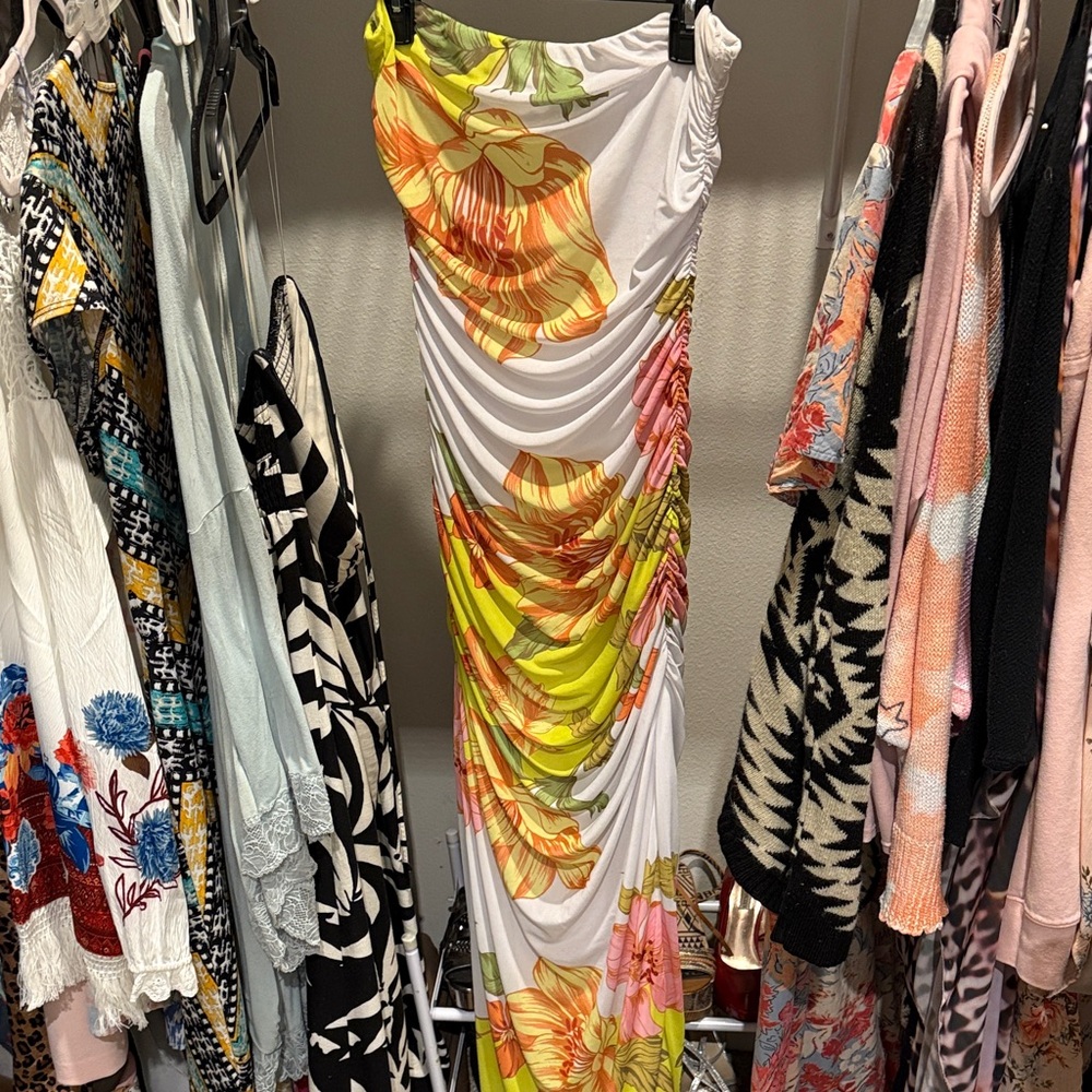AFRM One Shoulder Floral Dress - White, Yellow, Orange